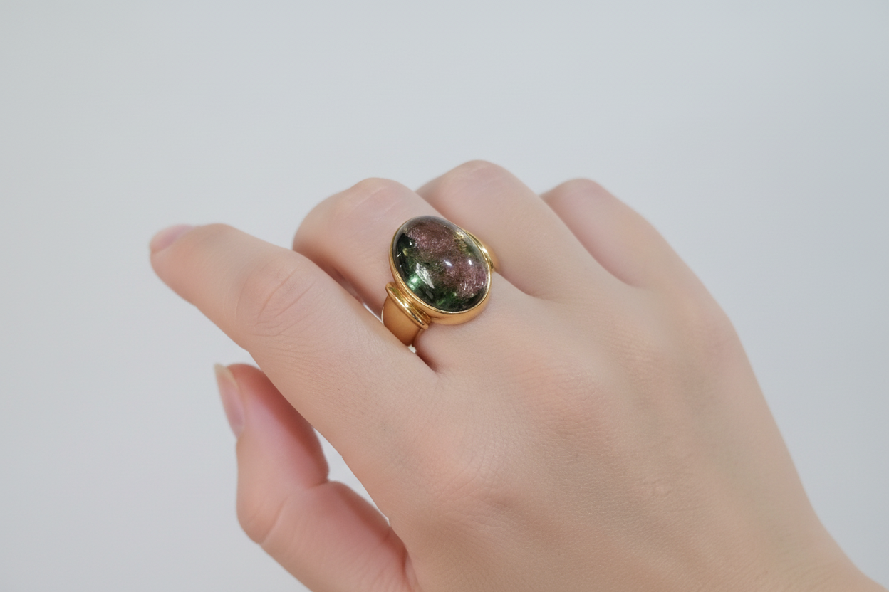 Ring in 18k gold with an oval cabochon green pink tourmaline, Fine Ring, Handmade Ring, Greek Jewelry