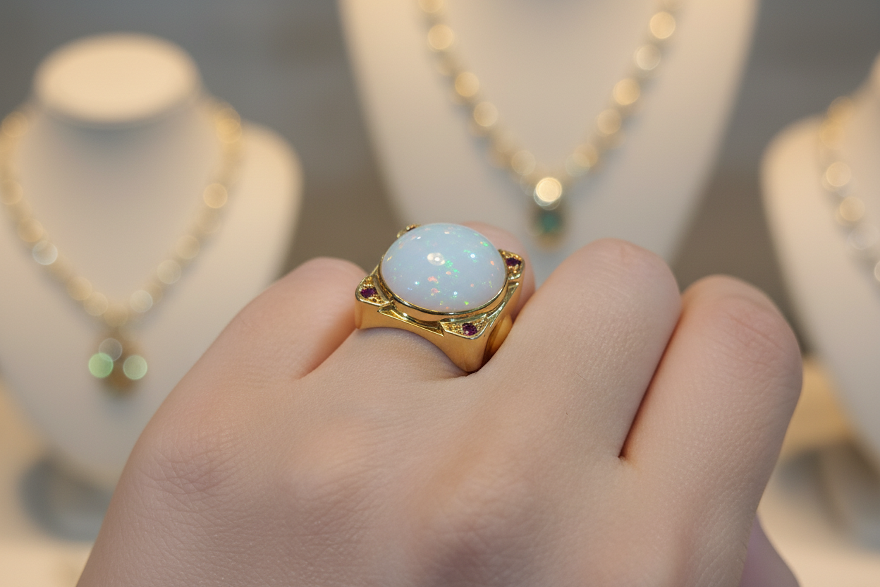 Ring in 18k gold with white Opal (Australian) and rubies (B-110)