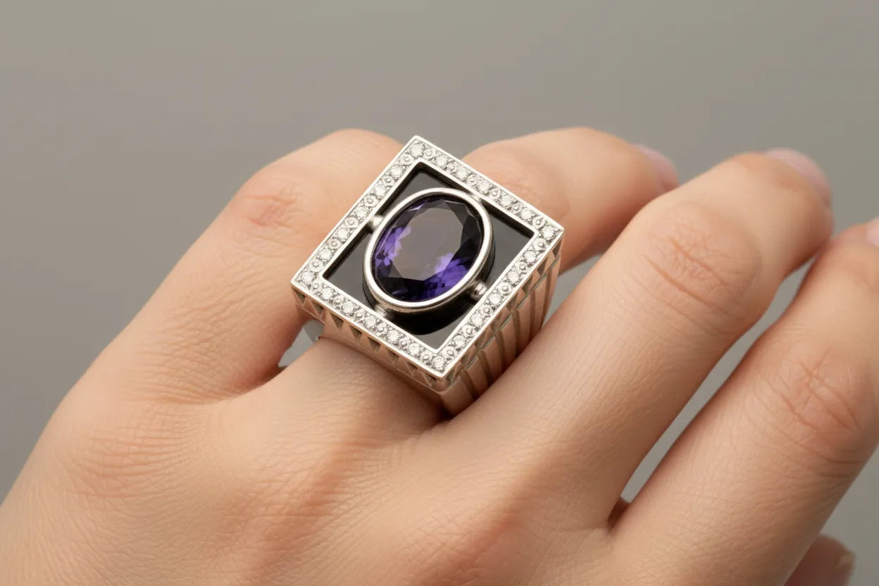 Ring in white gold 18K. with Iolite 9 c. and Brilliants 1.25c.(B-74)