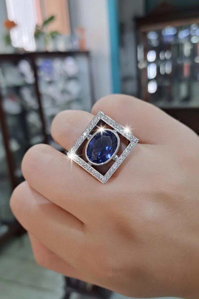 Ring in white gold 18K. with Iolite 9 c. and Brilliants 1.25c.(B-74)