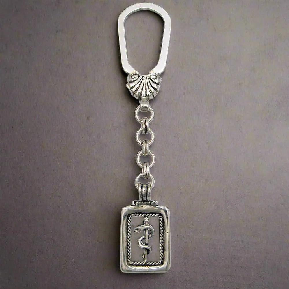 Rod of Asclepius Greek Key ring in sterling silver (MP-10)