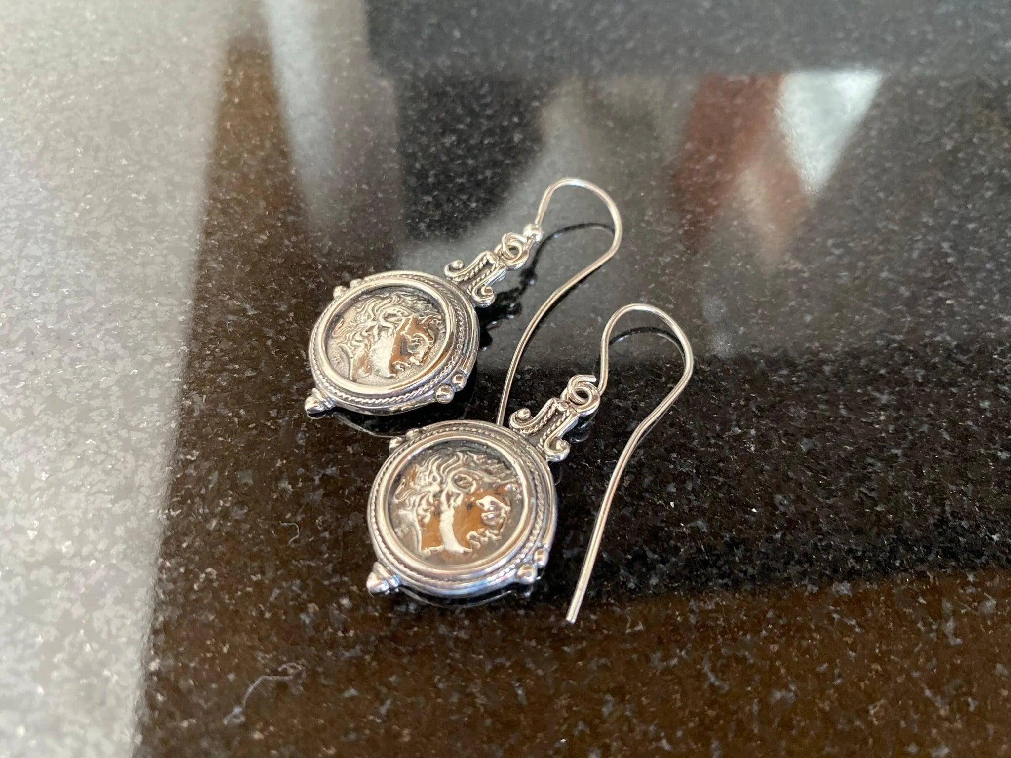 Sterling Silver Alexander Coin Earrings, Greek Inspired Handcrafted Jewelry (AG-08)