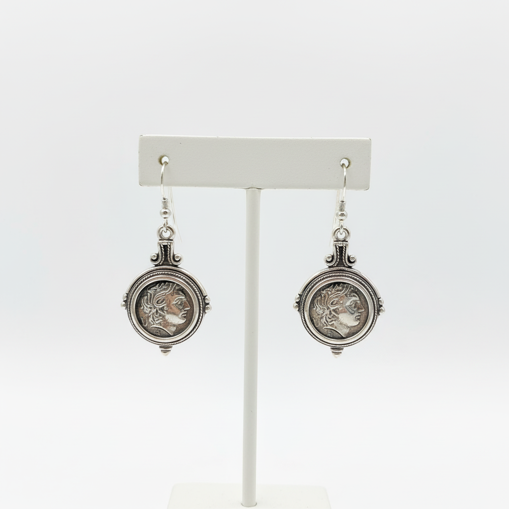 Sterling Silver Alexander Coin Earrings, Greek Inspired Handcrafted Jewelry (AG-08)