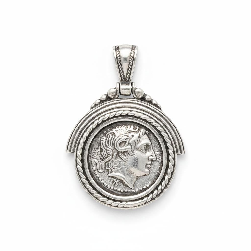 Sterling Silver Alexander Coin Pendant, Greek Drachma Jewelry (PE-99)