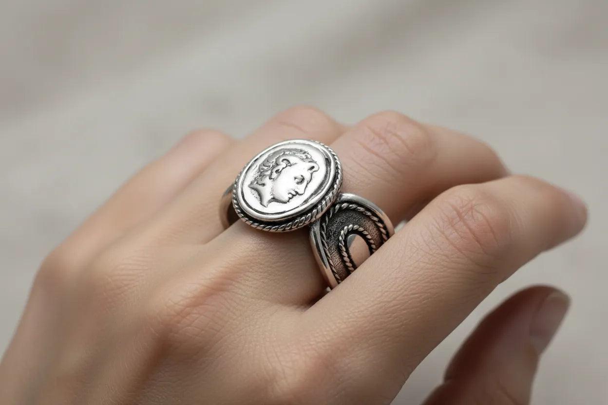 Sterling Silver Alexander Coin Ring – Greek Drachma Portrait Jewelry (DT-106)