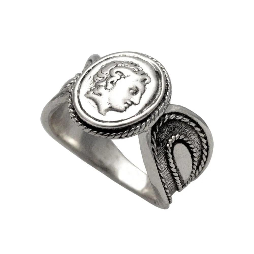 Sterling Silver Alexander Coin Ring – Greek Drachma Portrait Jewelry (DT-106)