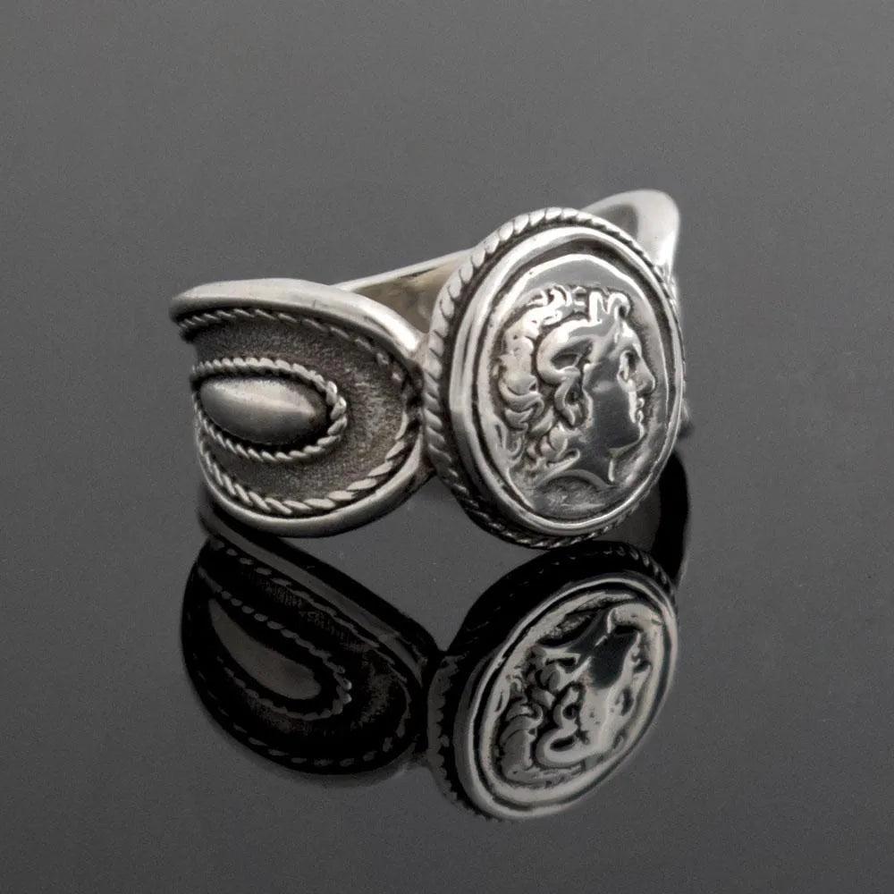 Sterling Silver Alexander Coin Ring – Greek Drachma Portrait Jewelry (DT-106)