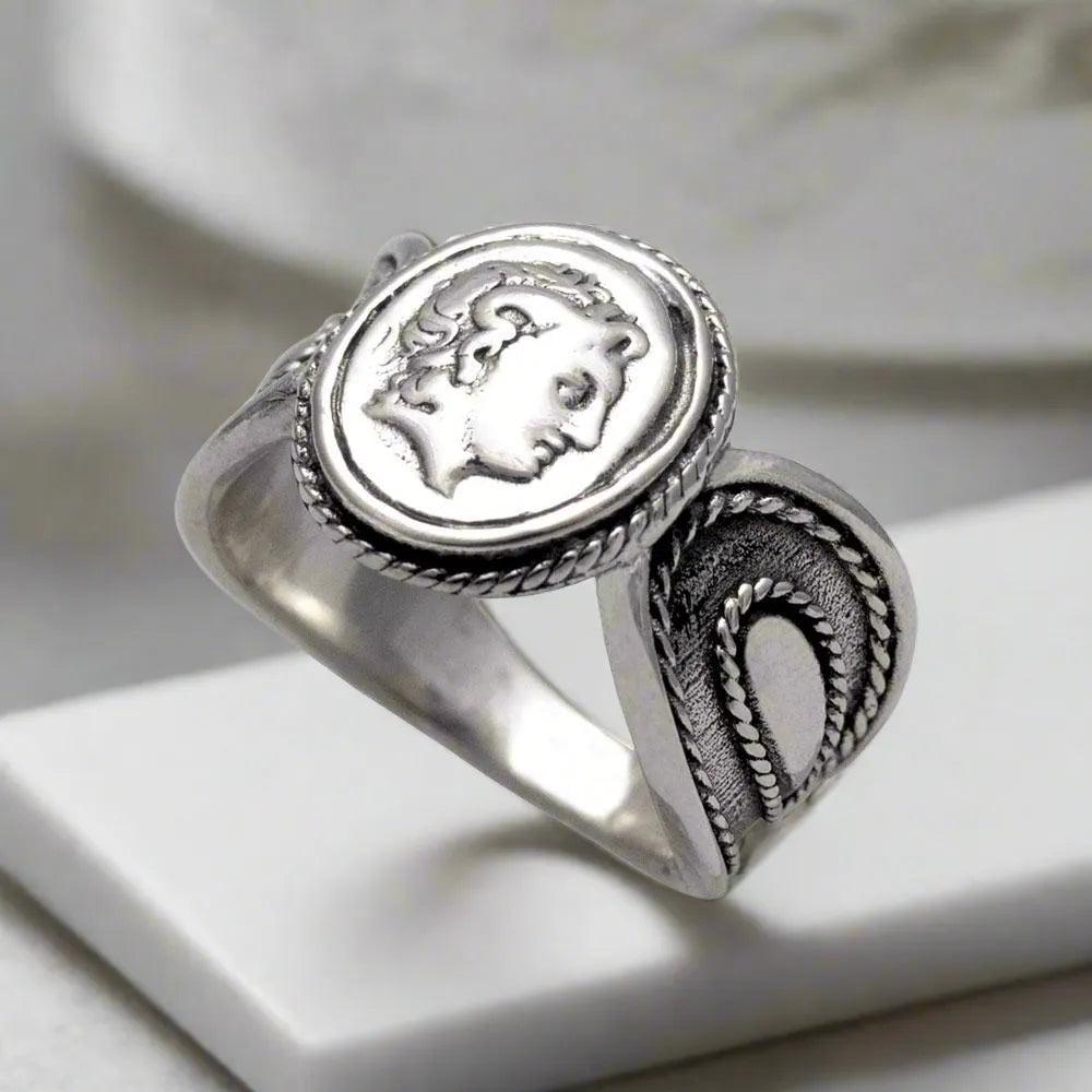 Sterling Silver Alexander Coin Ring – Greek Drachma Portrait Jewelry (DT-106)