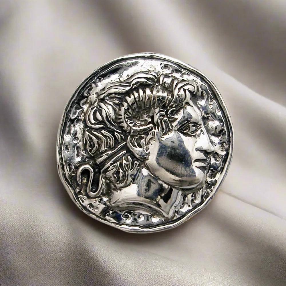 Sterling Silver Alexander the Brooch, Horned Head Diadem, Handmade Greek Jewelry (K-84)