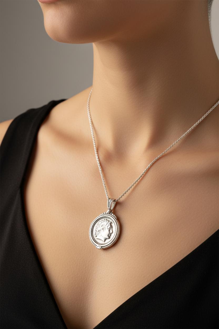 Sterling Silver Alexander the Coin Pendant, Greek Drachma Inspired Jewelry (PE-100)