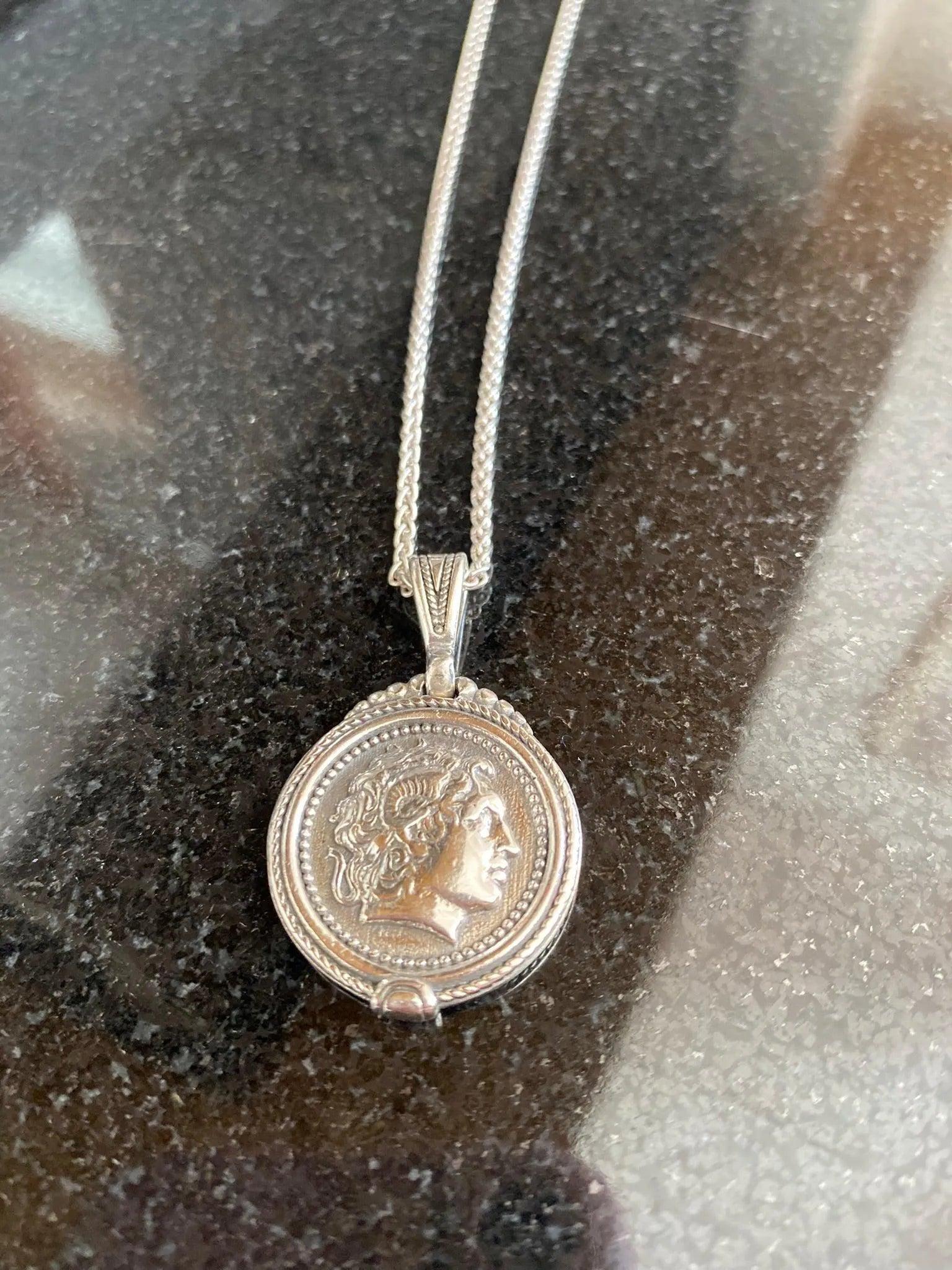 Sterling Silver Alexander the Coin Pendant, Greek Drachma Inspired Jewelry (PE-100)