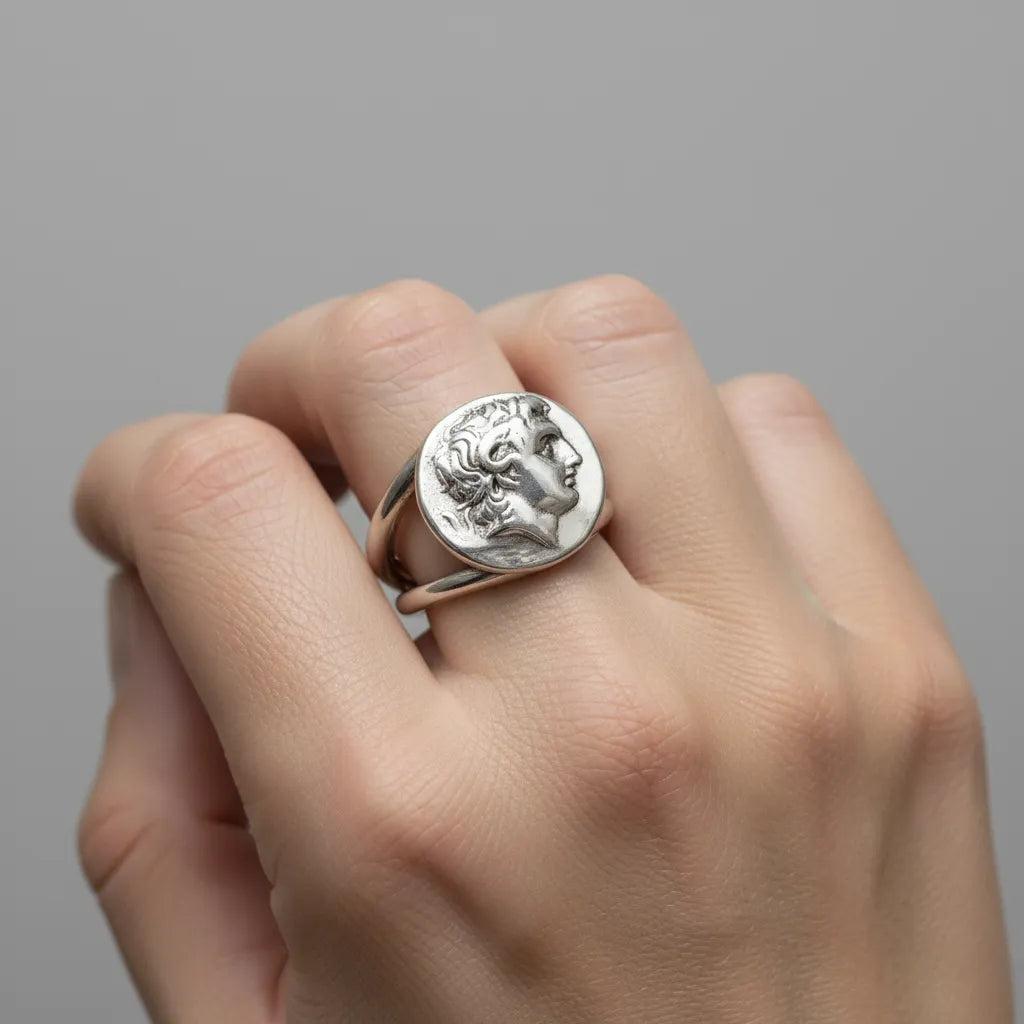 Sterling Silver Alexander the Coin Ring: Greek Jewelry, Handcrafted Macedonian Style (DT-105)