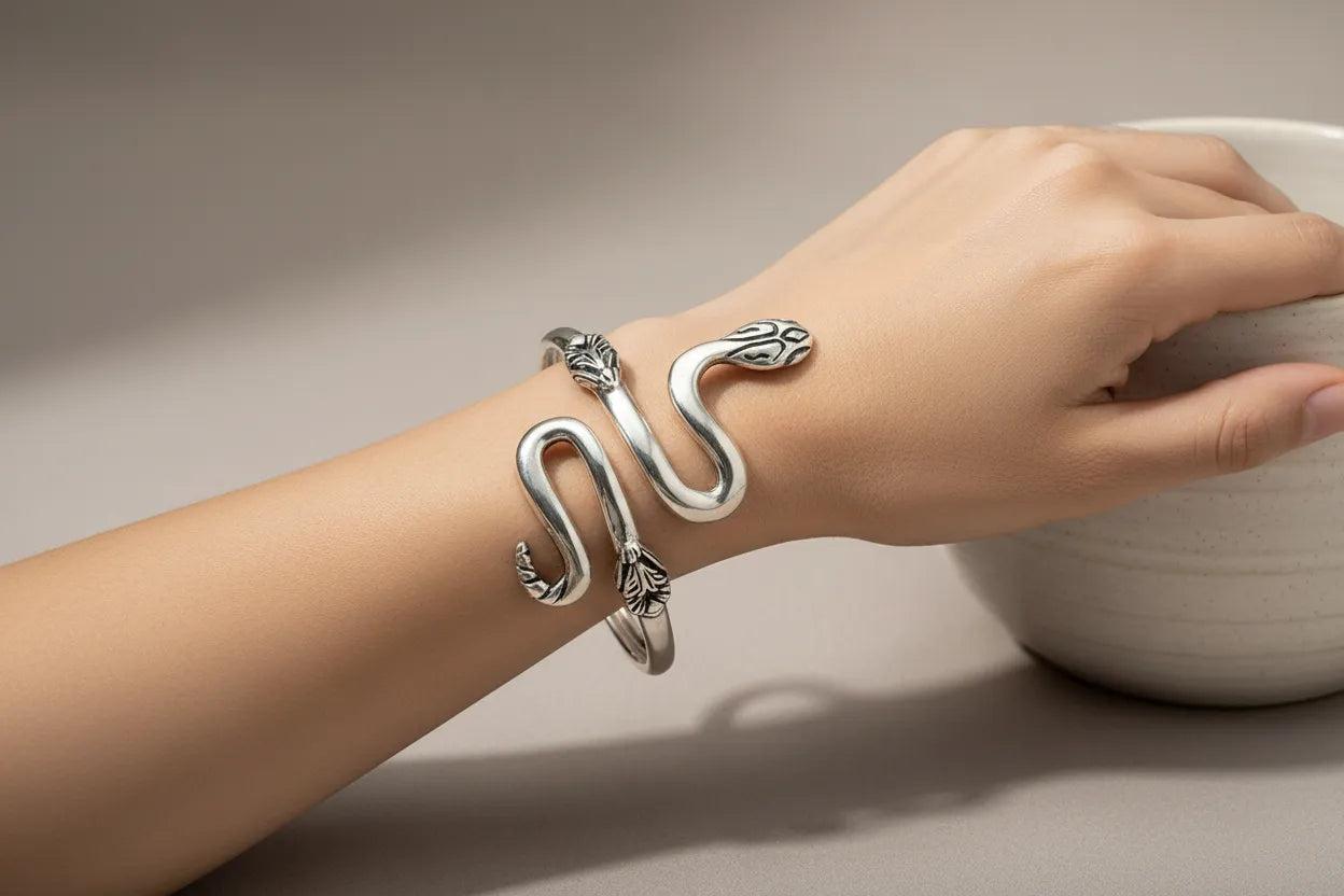 Sterling Silver Coiled Snake Bangle, Minoan Greek Cuff Bracelet (B-53)