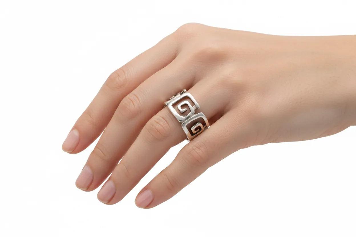 Sterling Silver Greek Key Meander Ring, Ancient Greece Inspired Handcrafted Jewelry (DT-62)