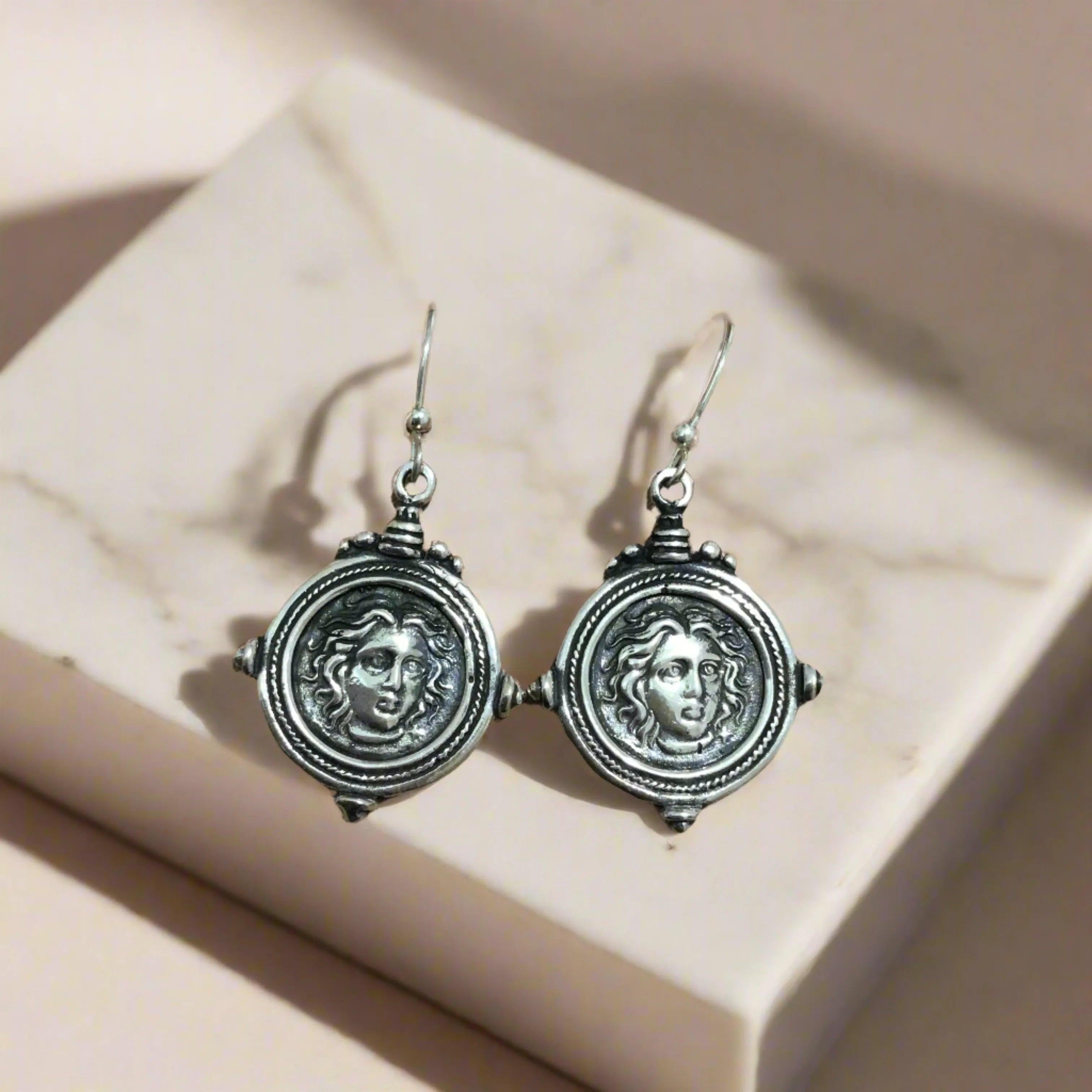 Sterling Silver Helios Sun God Coin Earrings, Ancient Greek Inspired Jewelry (AG-07)