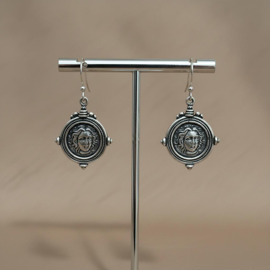 Sterling Silver Helios Sun God Coin Earrings, Ancient Greek Inspired Jewelry (AG-07)