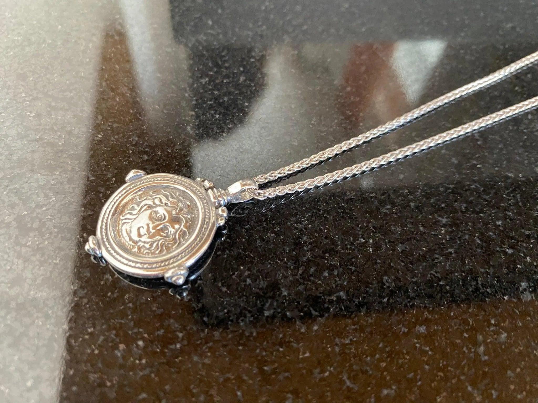 Sterling Silver Helios Sun God Coin Pendant, Ancient Greek Inspired Jewelry (PE-90)