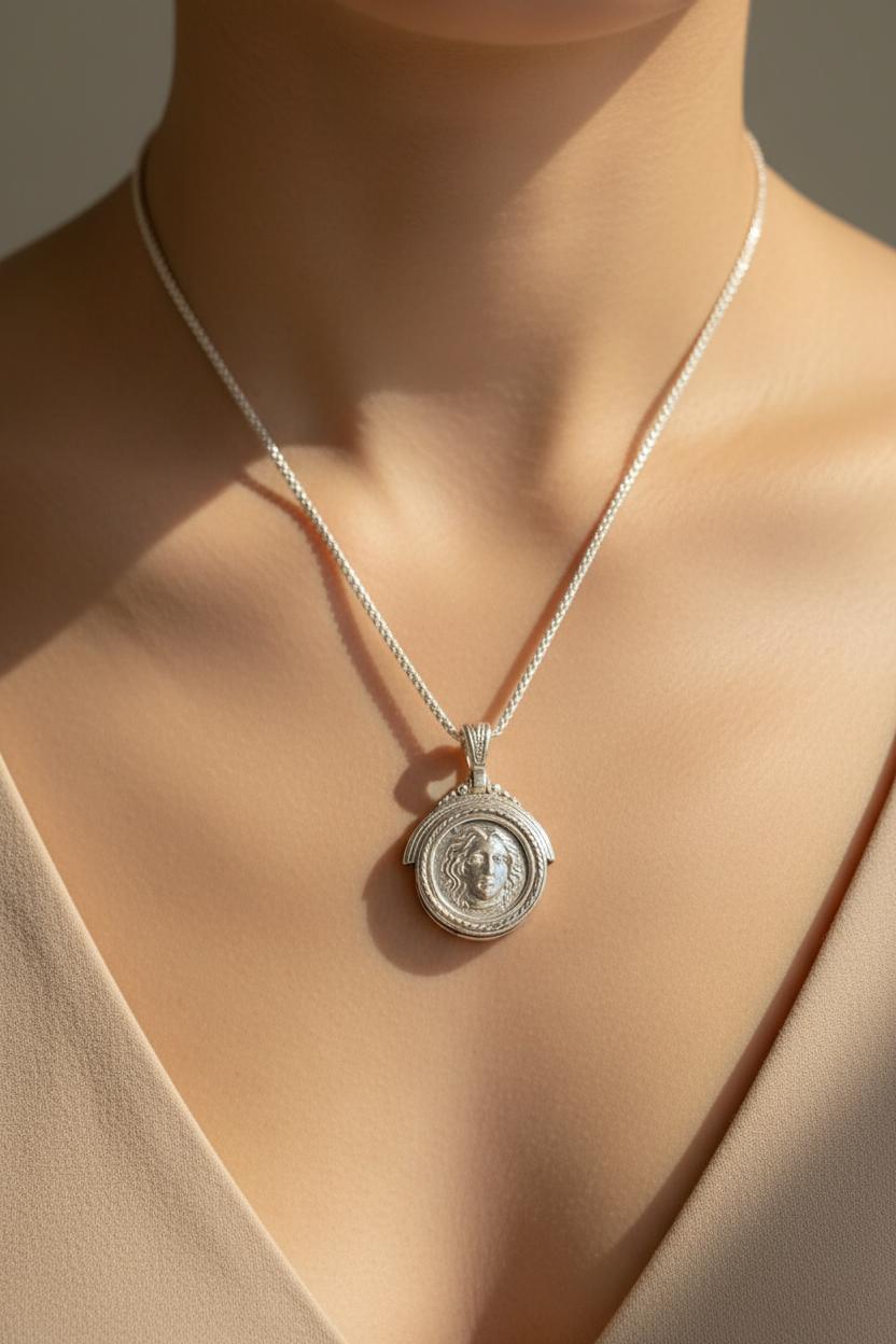 Sterling Silver Helios Sun God Coin Pendant, Ancient Greek Inspired Jewelry (PE-98)