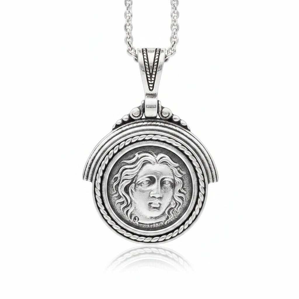 Sterling Silver Helios Sun God Coin Pendant, Ancient Greek Inspired Jewelry (PE-98)