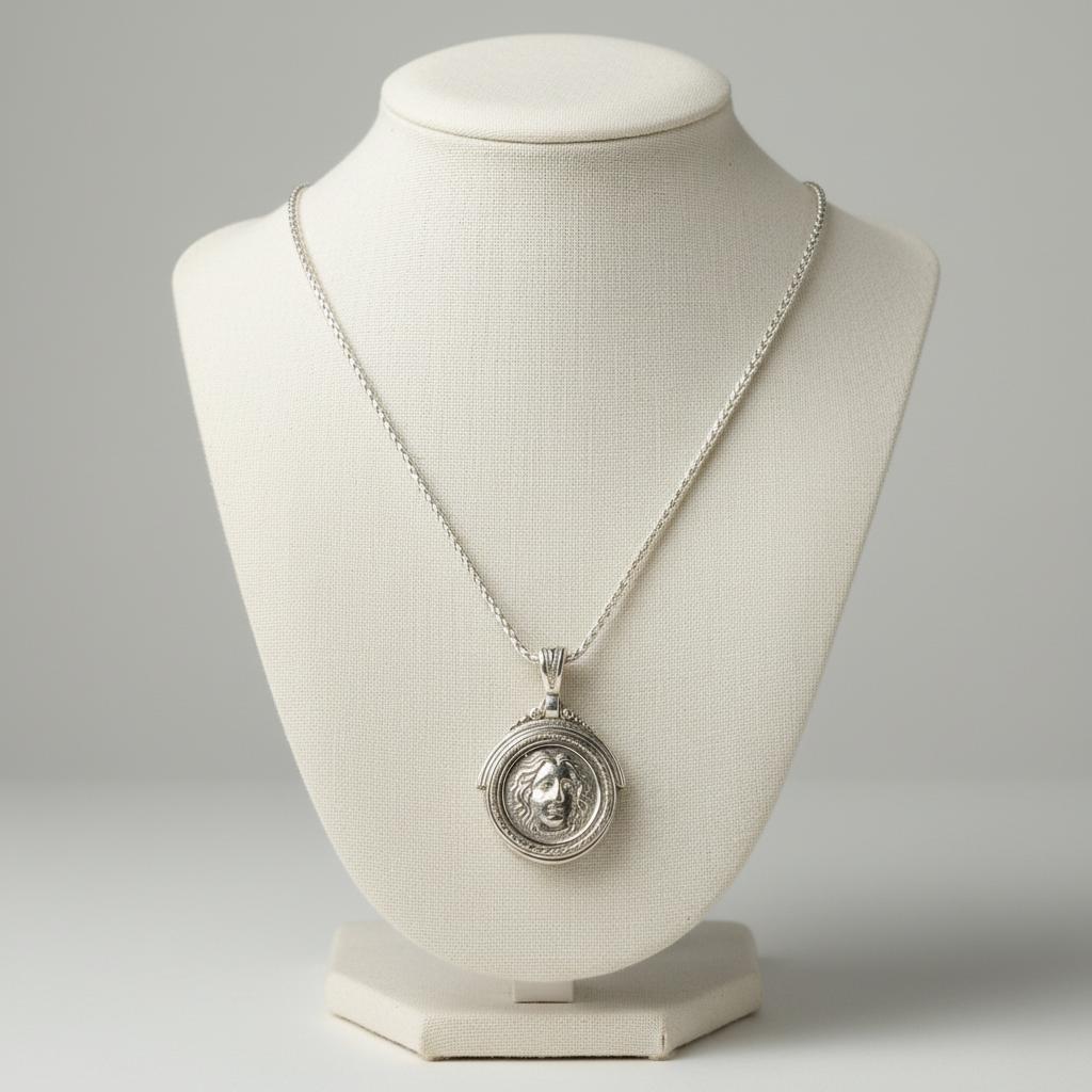 Sterling Silver Helios Sun God Coin Pendant, Ancient Greek Inspired Jewelry (PE-98)