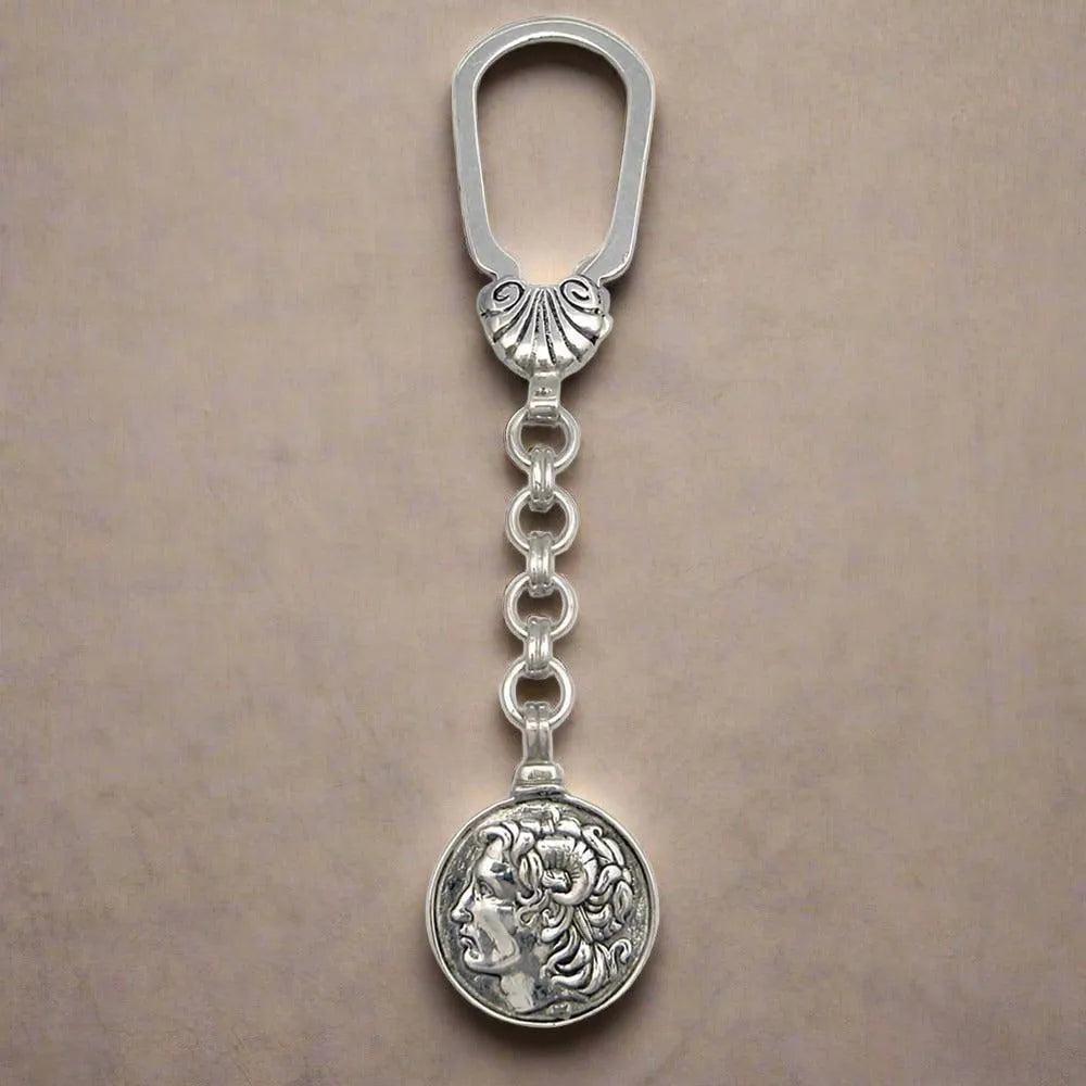 Sterling Silver Lysimachus Alexander the Keychain, Greek Macedonian Motif, Handmade Key Ring (MP-03)