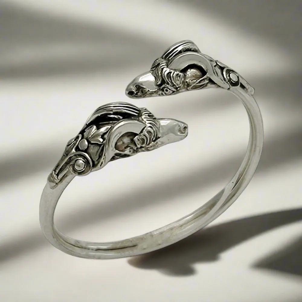 Sterling Silver Rams Head Bangle, Greek Bracelet, Solid Silver Cuff (B-50)
