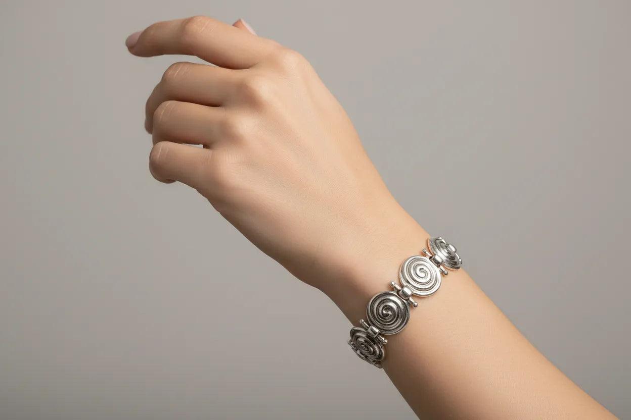 Sterling Silver Spiral Bracelet, Greek Infinity Motif, Handmade Jewelry (B-92)
