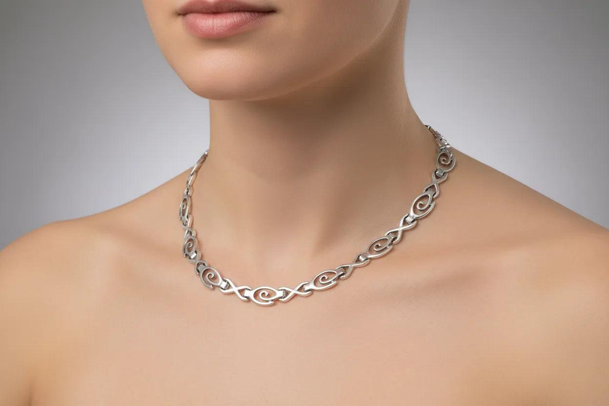 Sterling Silver Spiral Necklace, Greek Infinity Motif Jewelry (PE-07)