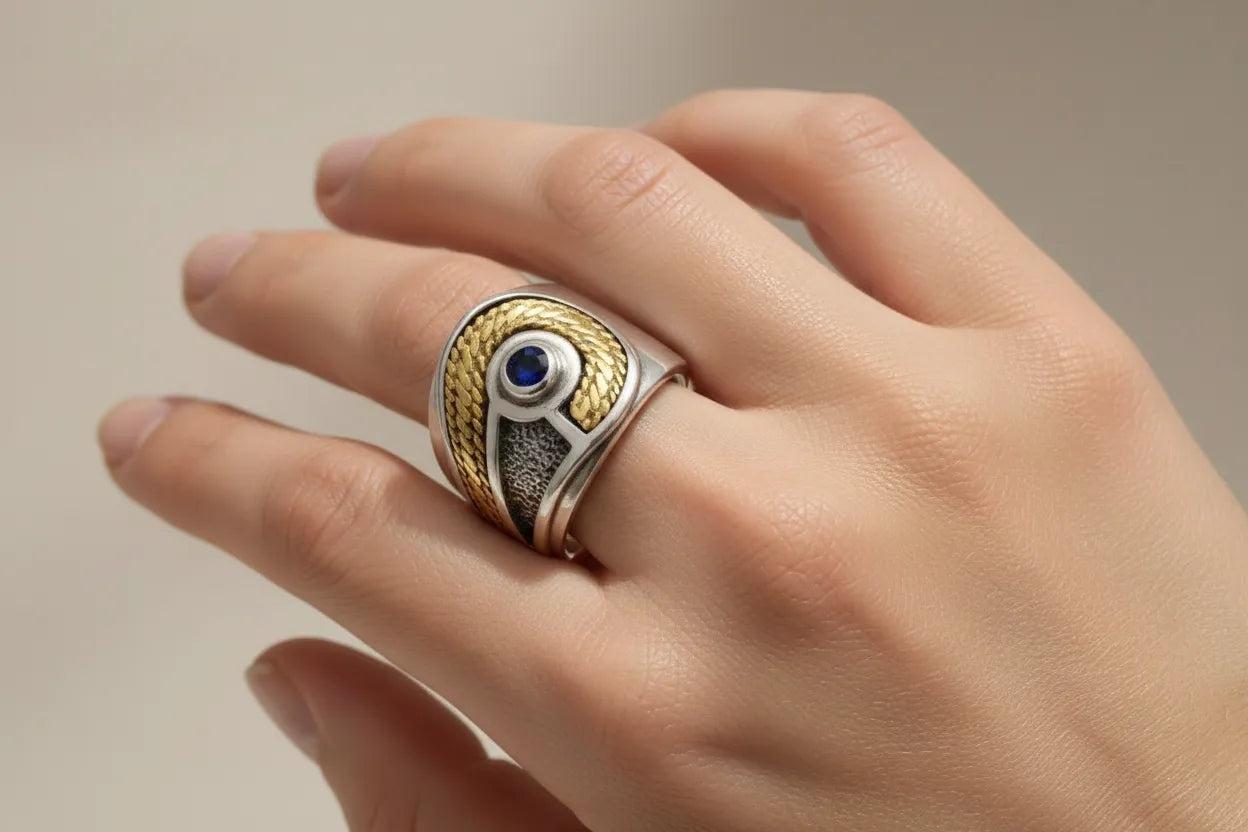 Three Line Rope Ring in Sterling Silver with a Blue Zircon and Gold 14k (DX-35)