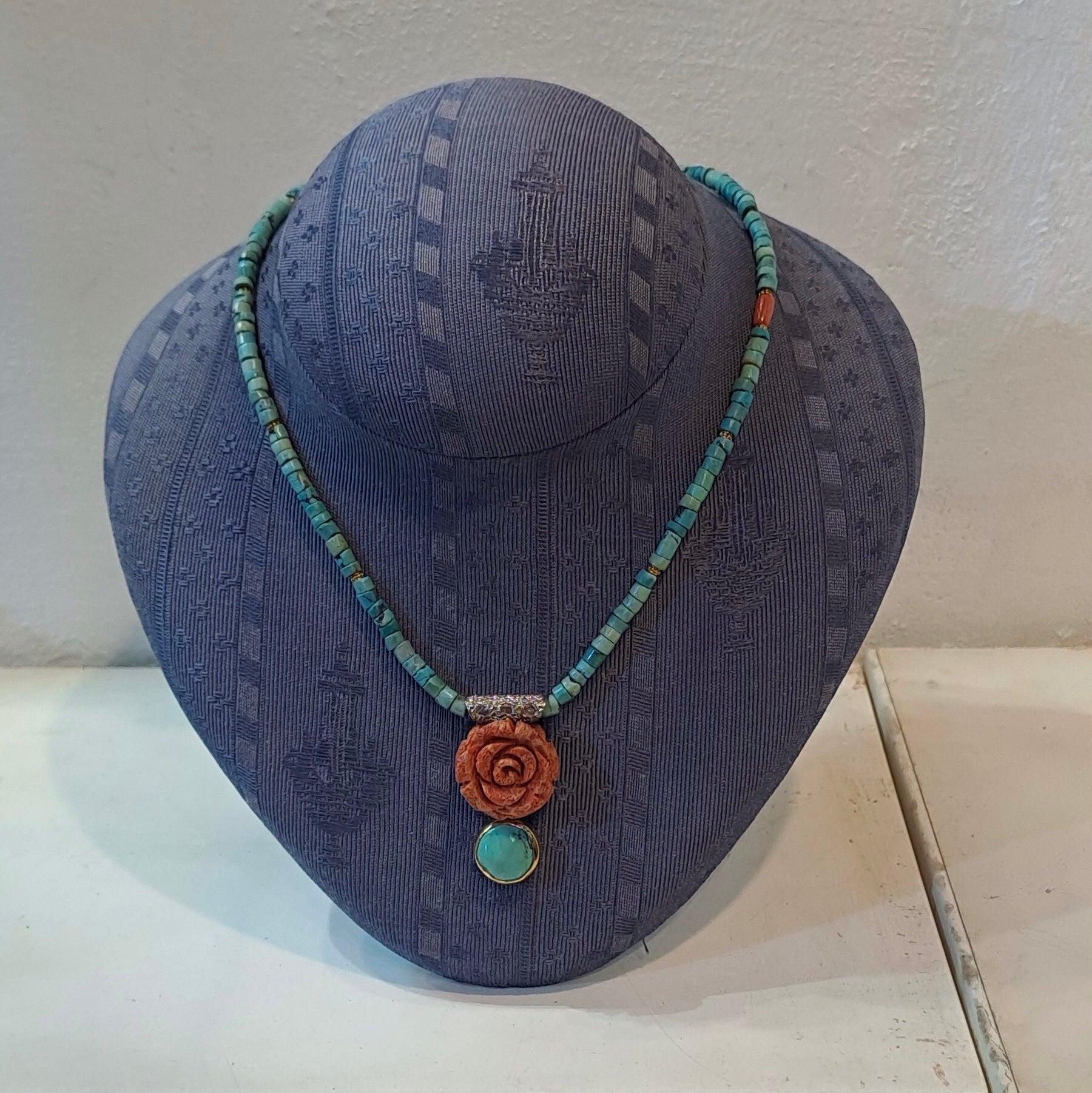 Turquoise Coral Rose Necklace, 18k White Gold Pendant, Gemstone Jewelry (DV PE-89)