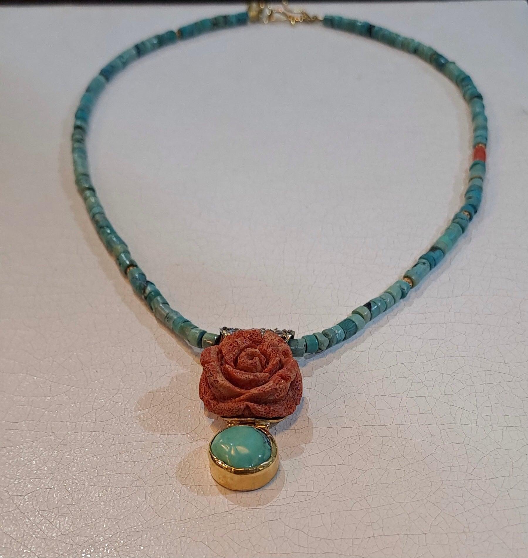Turquoise Coral Rose Necklace, 18k White Gold Pendant, Gemstone Jewelry (DV PE-89)