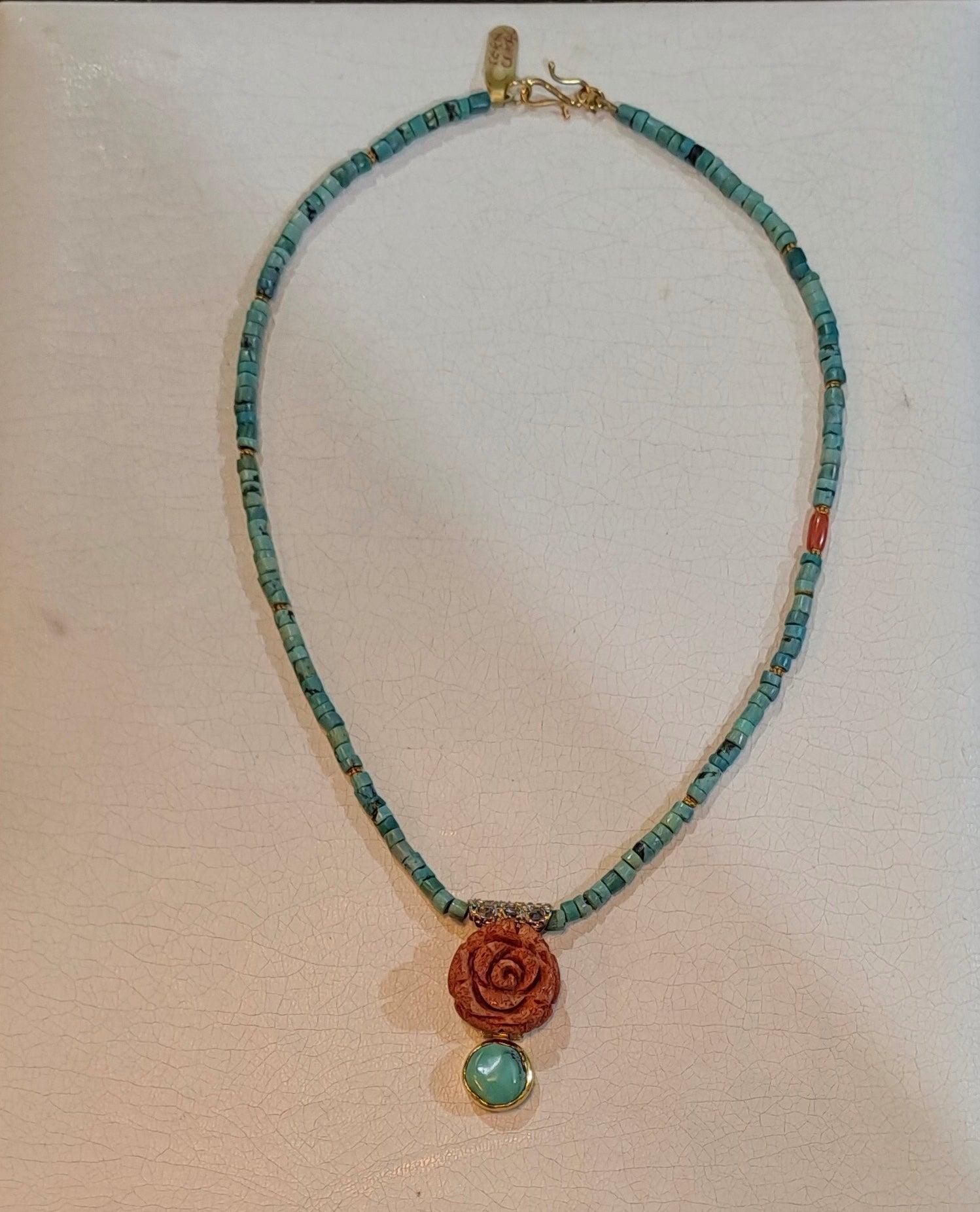 Turquoise Coral Rose Necklace, 18k White Gold Pendant, Gemstone Jewelry (DV PE-89)