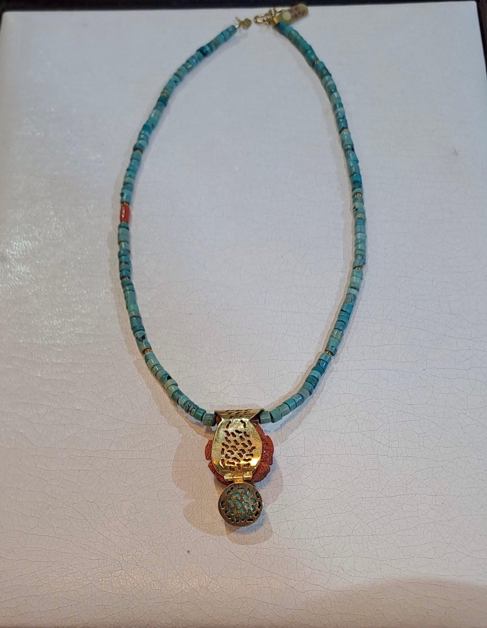 Turquoise Coral Rose Necklace, 18k White Gold Pendant, Gemstone Jewelry (DV PE-89)