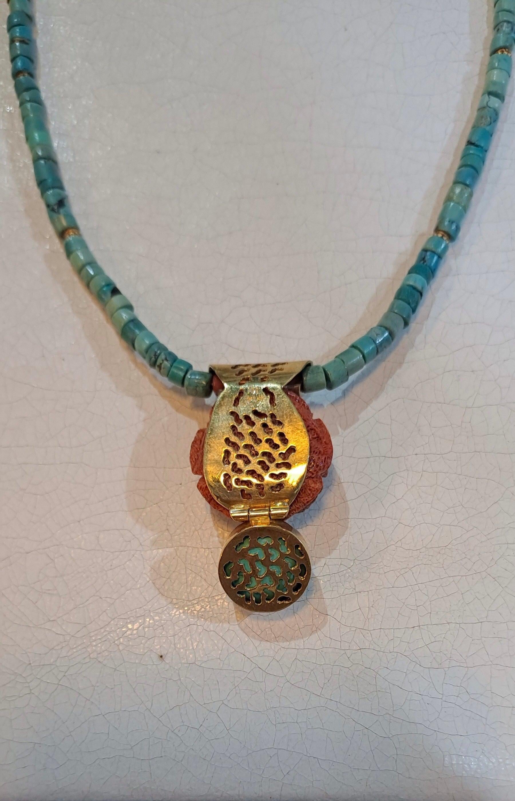 Turquoise Coral Rose Necklace, 18k White Gold Pendant, Gemstone Jewelry (DV PE-89)