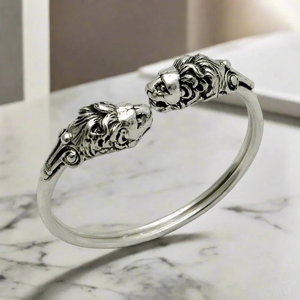 Two Headed Lion Sterling Silver Bangle, Ancient Greek Style Jewelry