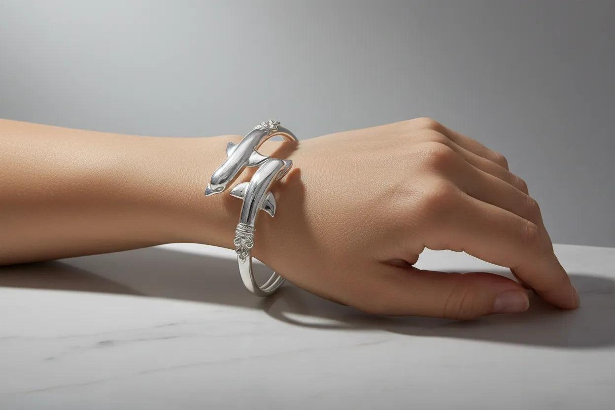 Two Headed Minoan Dolphins Torc Bangle in Sterling Silver (B-80)