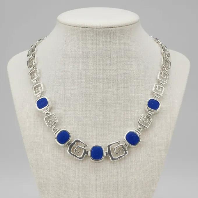 Greek Key Meander Necklace in Sterling Silver with lapis lazuli (PE-19)