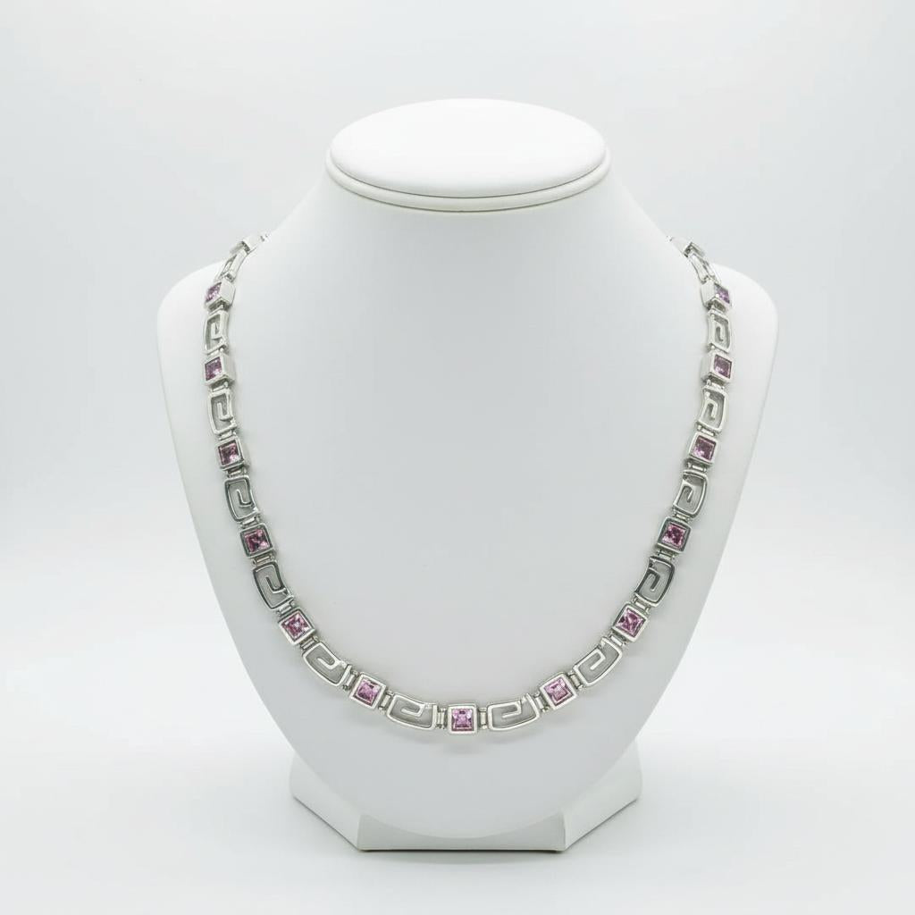 Greek Key Meander Necklace in Sterling Silver with zircon (PE-22)