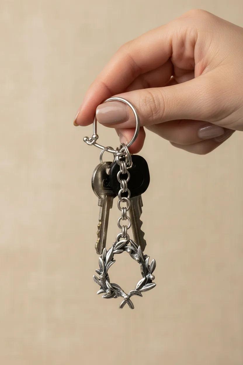 Kotinos Olive leaf Wreath key ring in Sterling Silver, silver keychain, men's gift, handmade keychain (MP-18)