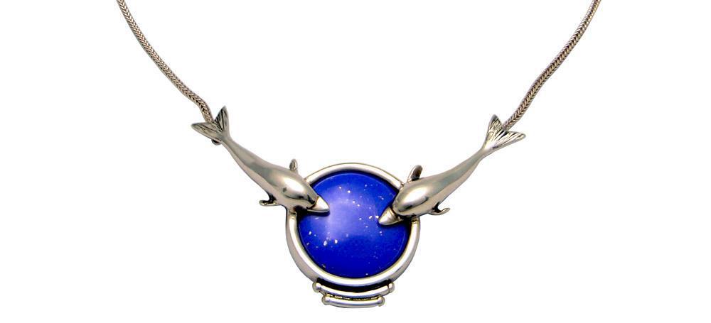 Minoan Dolphins Lapis Lazuli Sterling Silver Necklace (PE-14) - ELEFTHERIOU EL