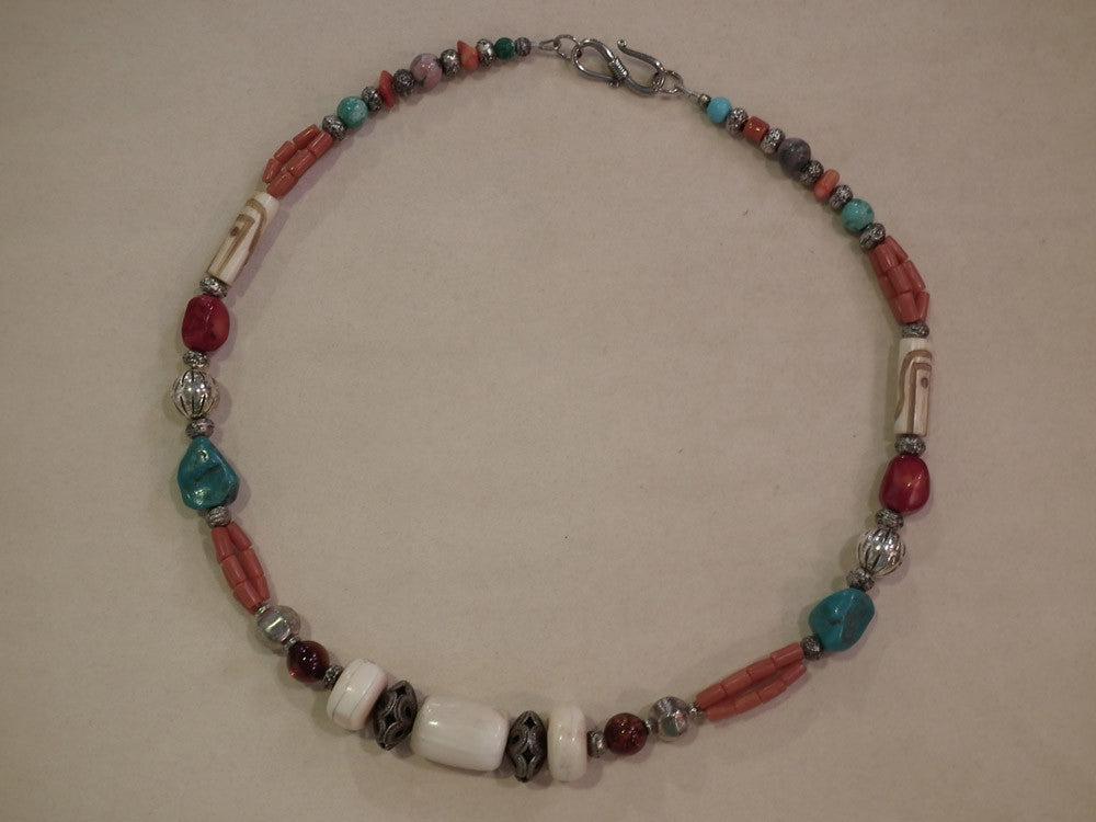 Necklace with Ivory Stones amber corals turquoise stones and sterling silver 925 (DinVir05) - Dinos-Virginia