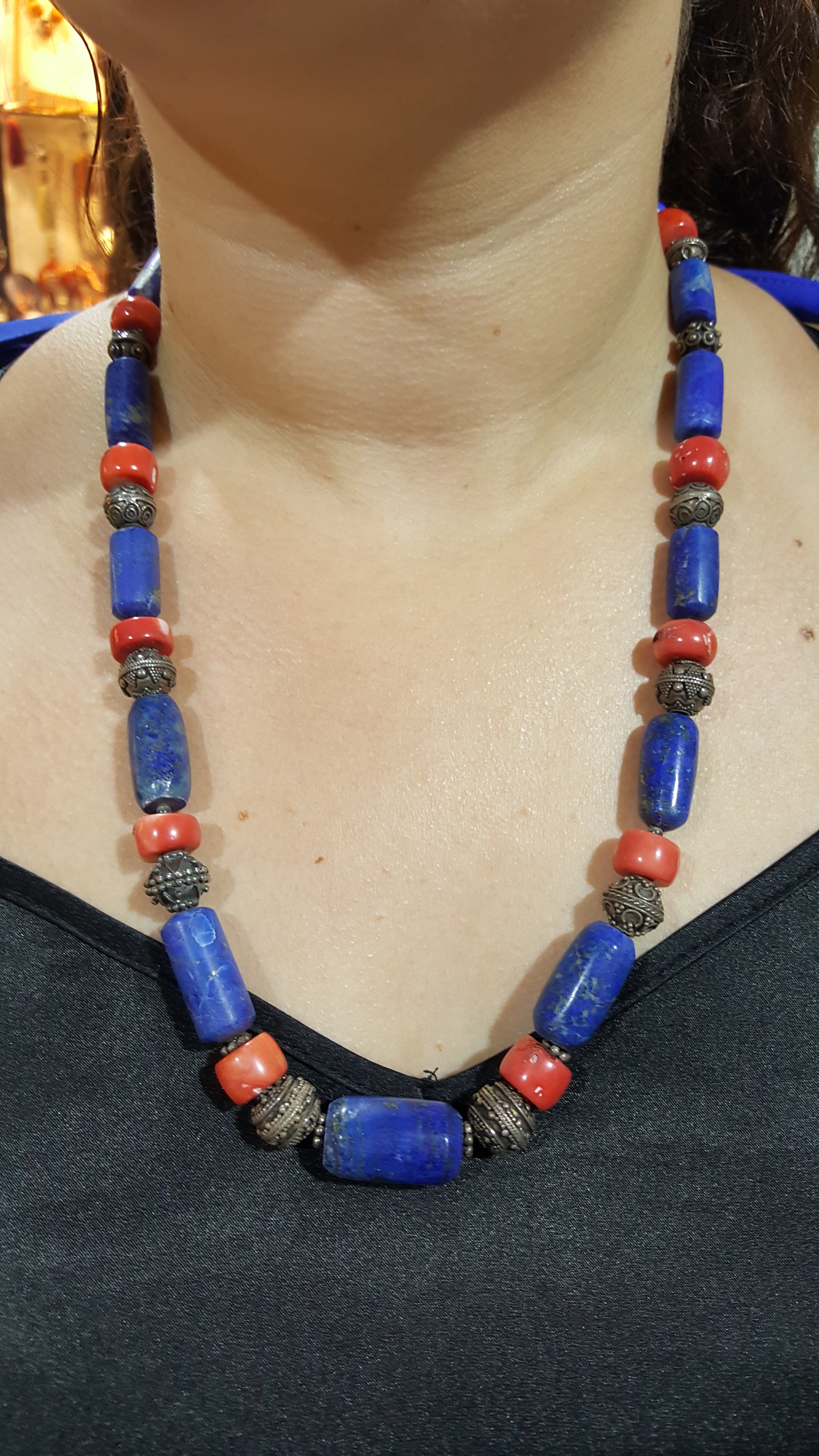 Necklace with Lapis Lazuli & Red Coral and sterling silver elements