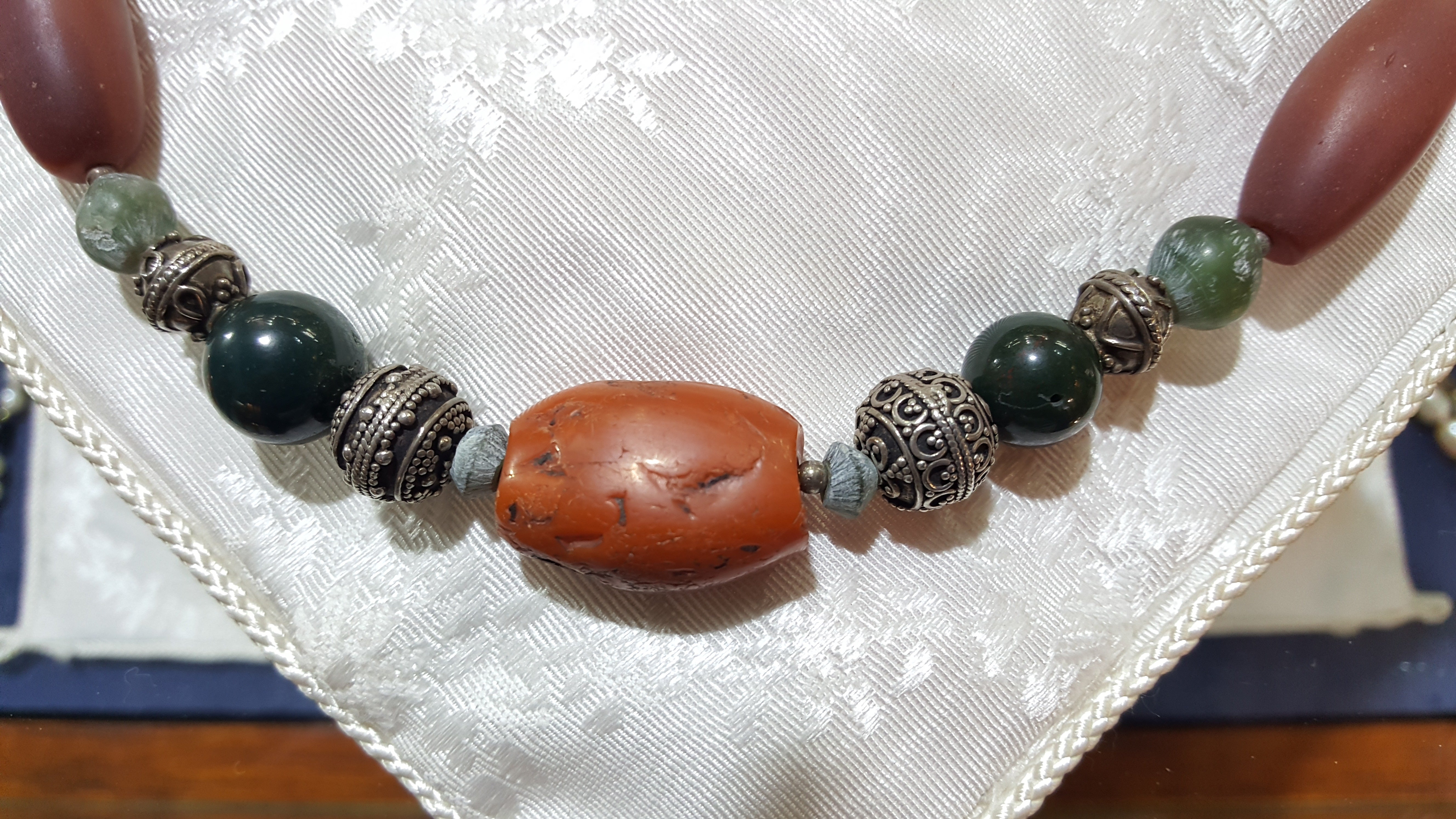 Necklace with old carnelian, green Benzhahr & sterling silver elements