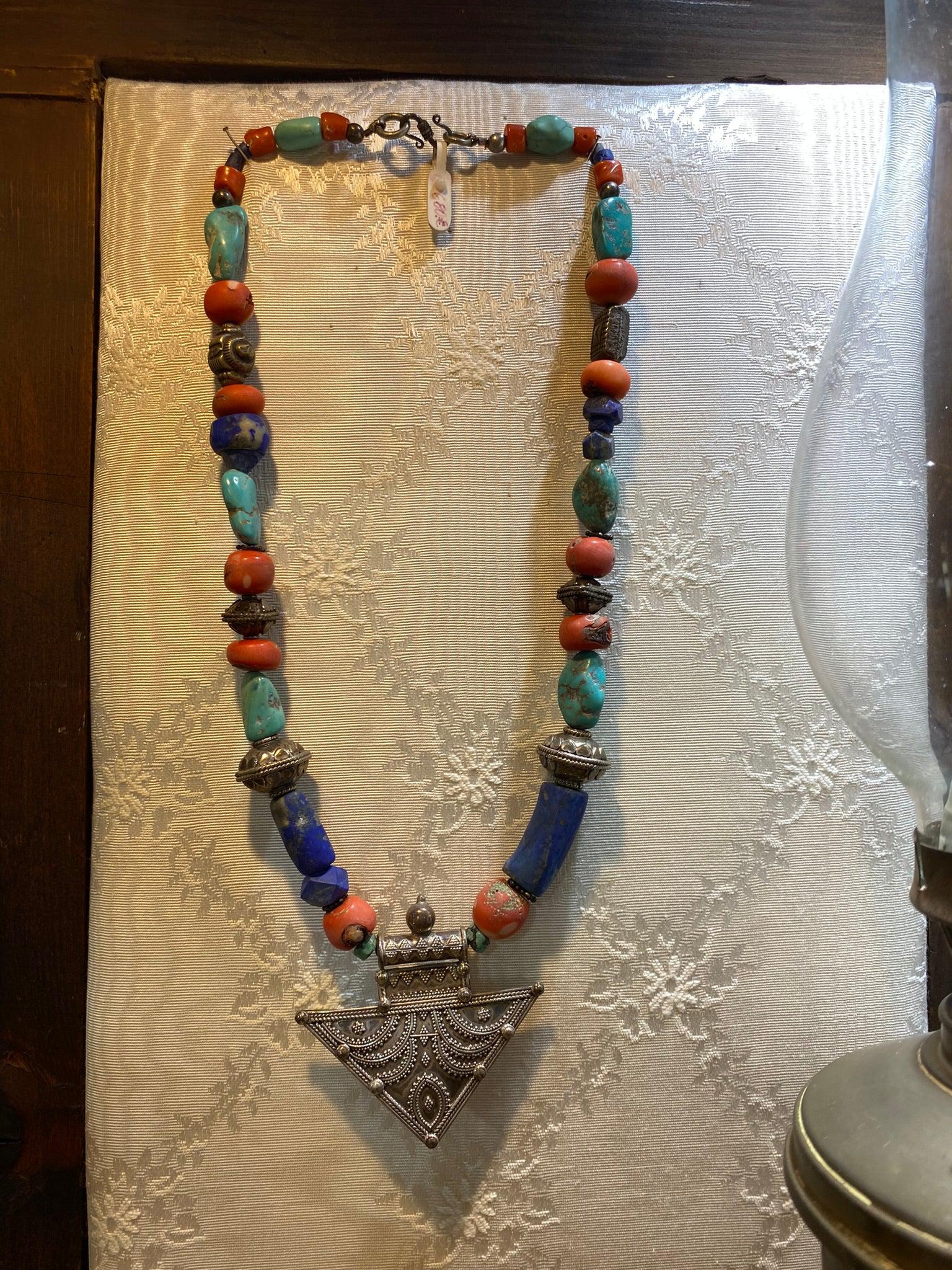 Necklace with Old Lapis Lazuli, Turquoise & Carnelian stone, with sterling silver elements