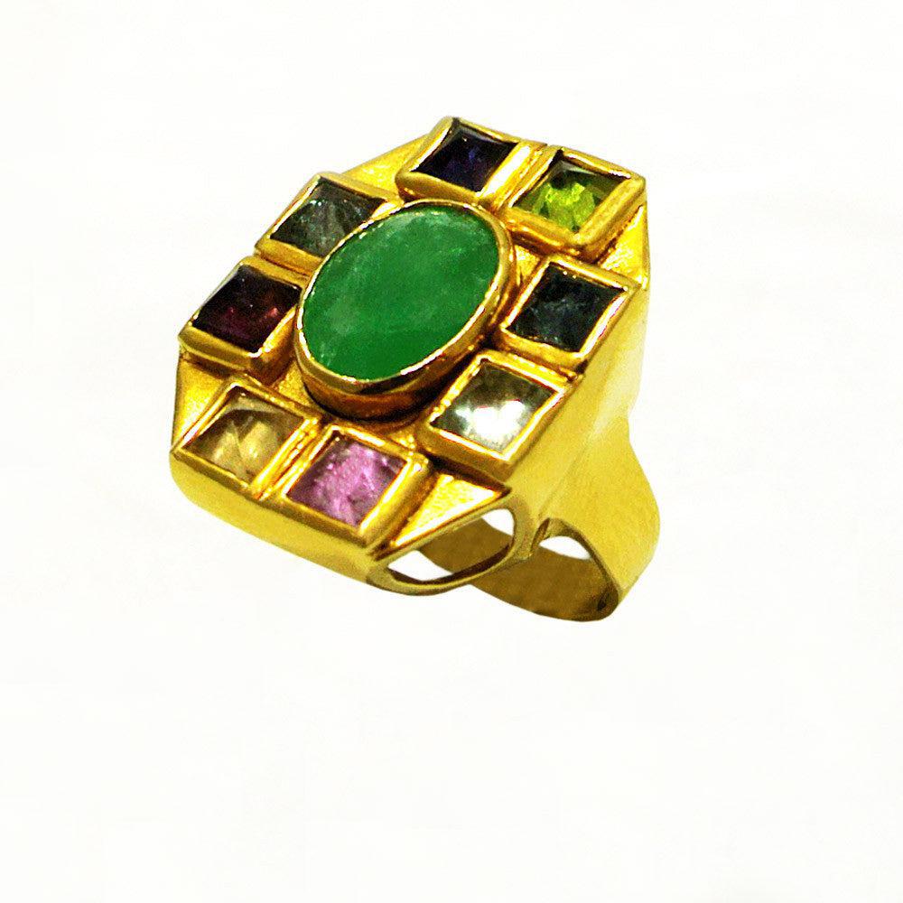 Ring in 18k Gold with a Zambian emerald and piramide cut tourmalines (B-06) - Dinos-Virginia
