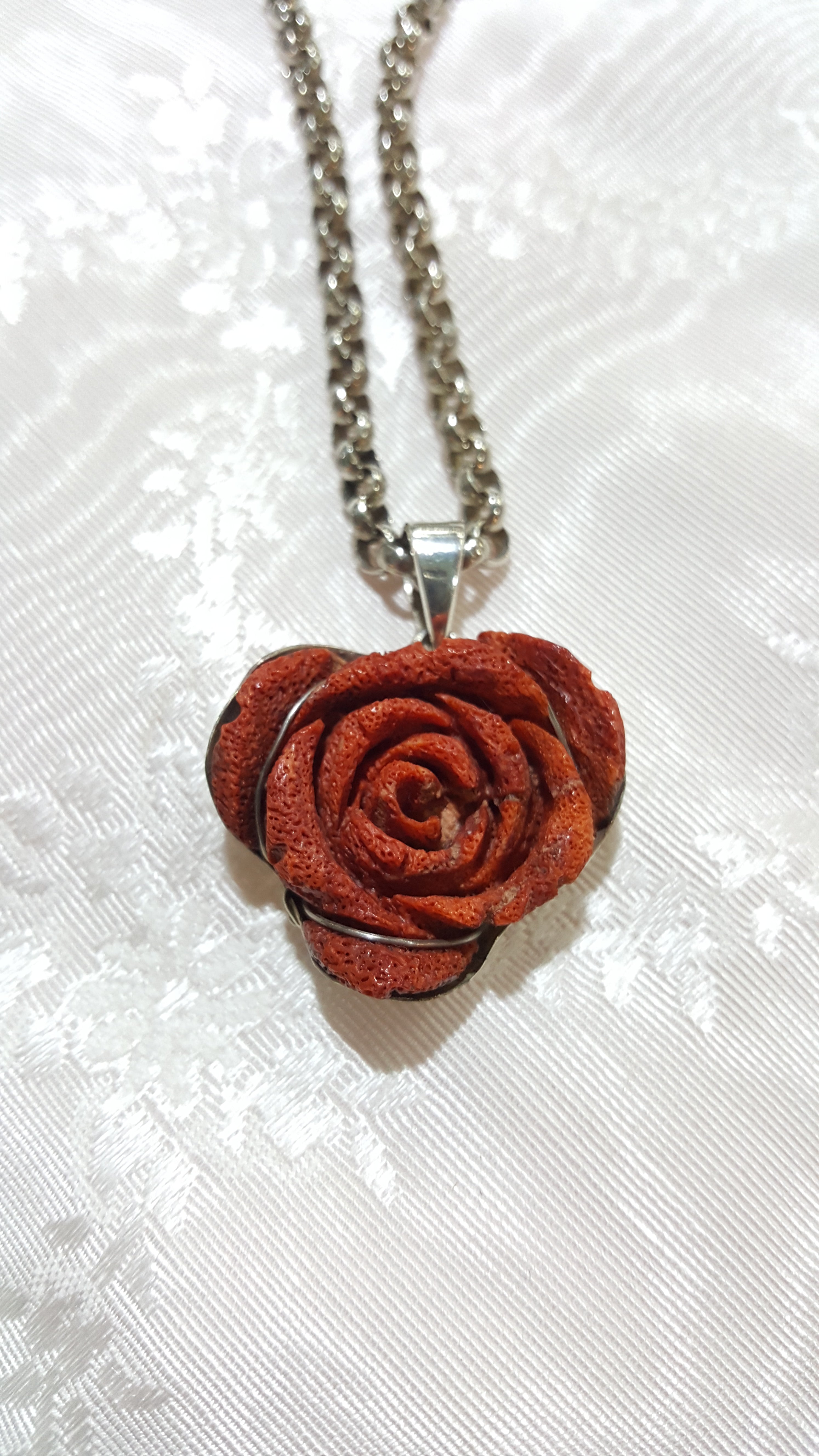 Sterling Silver Rose Pendant with Red Coral, Rose Medallion, Flower pendant, Vintage Jewelry, Handmade pendant, Greek Jewelry