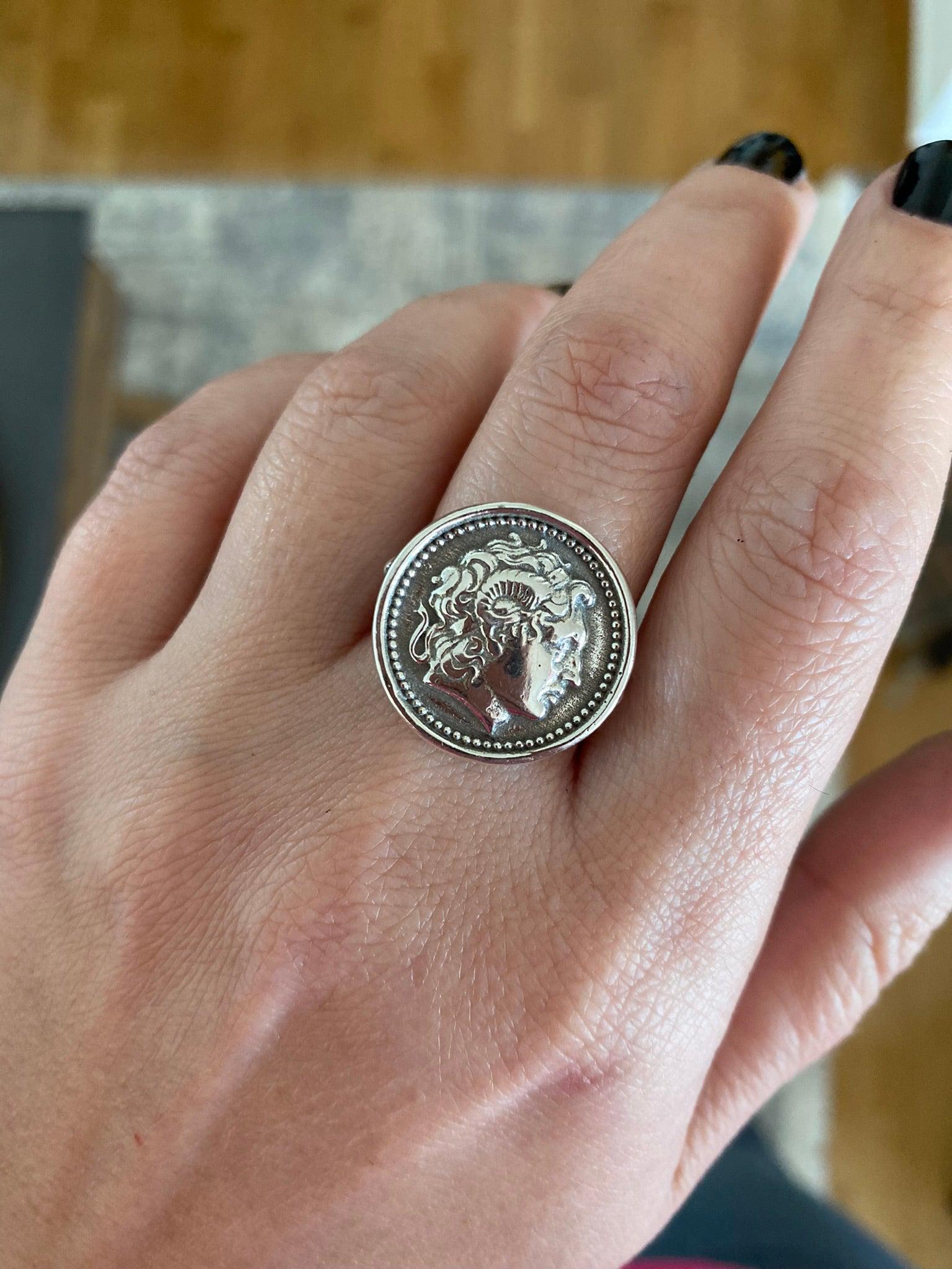 Alexander the Great Portrait Coin Ring in Sterling Silver, Ancient Coin Ring (DT-109)
