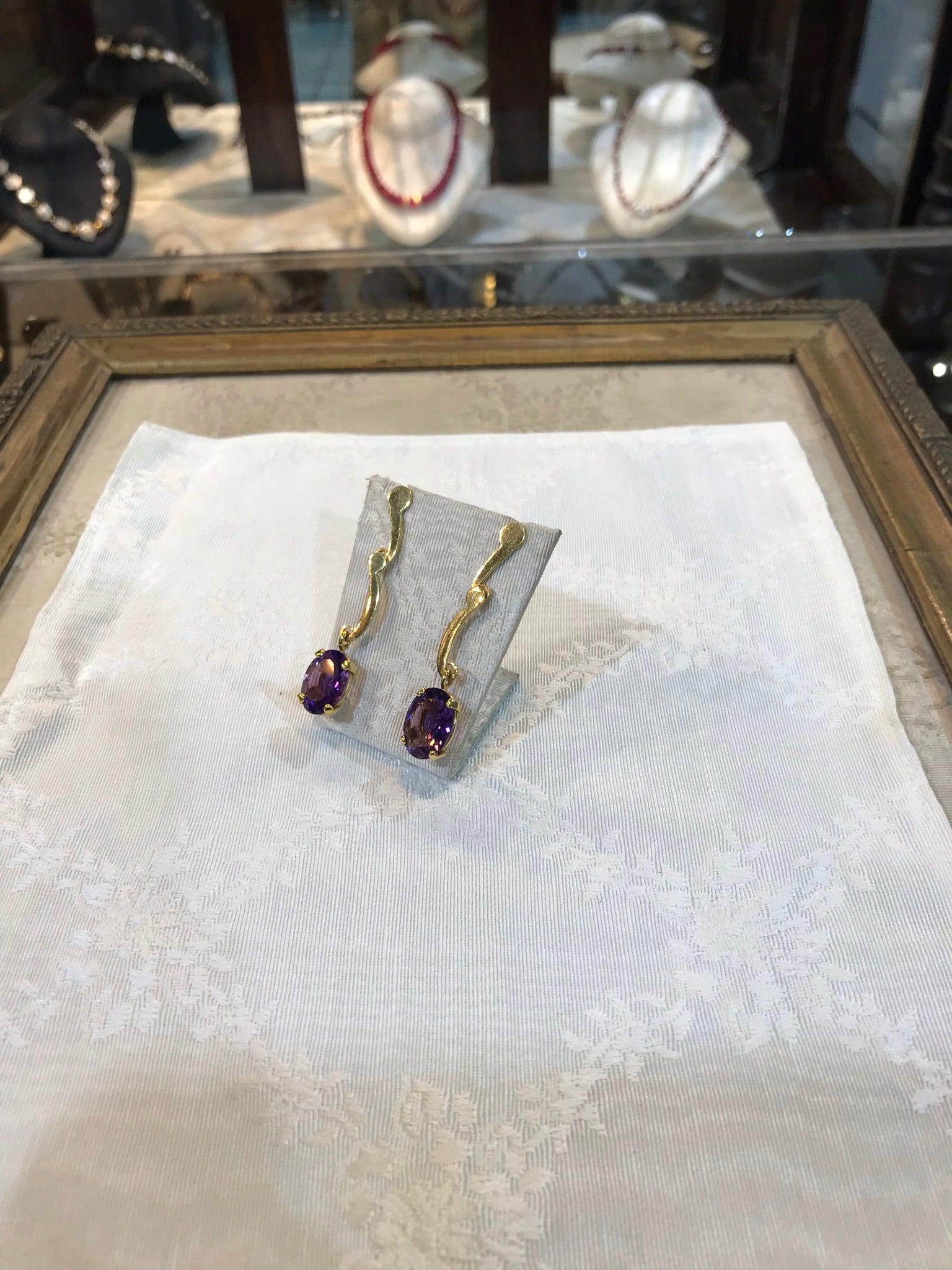 Amethyst oval faceted cutaneous 18k gold earrings, one of a kind, Fine earrings, Handmade earrings, Greek Jewelry - Dinos-Virginia