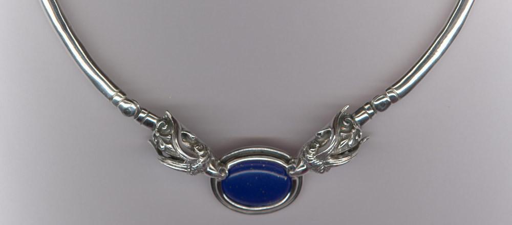 Ancient Greek Two Headed Ram Silver Necklace with Lapis Lazuli (PE-01) - ELEFTHERIOU EL