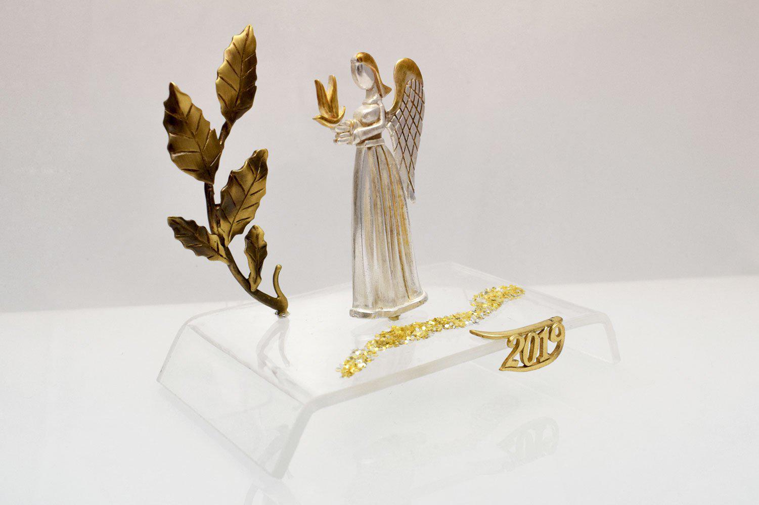 Angel Charm on plexiglass, silver charm with bronze leaves, home decor, gift idea, charm favor (PX-10) - ELEFTHERIOU EL